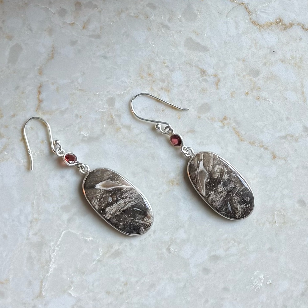 NWOT Sundance Twilight Woods Earrings, Bat Cave Jasper, Garnet, Sterling Silver